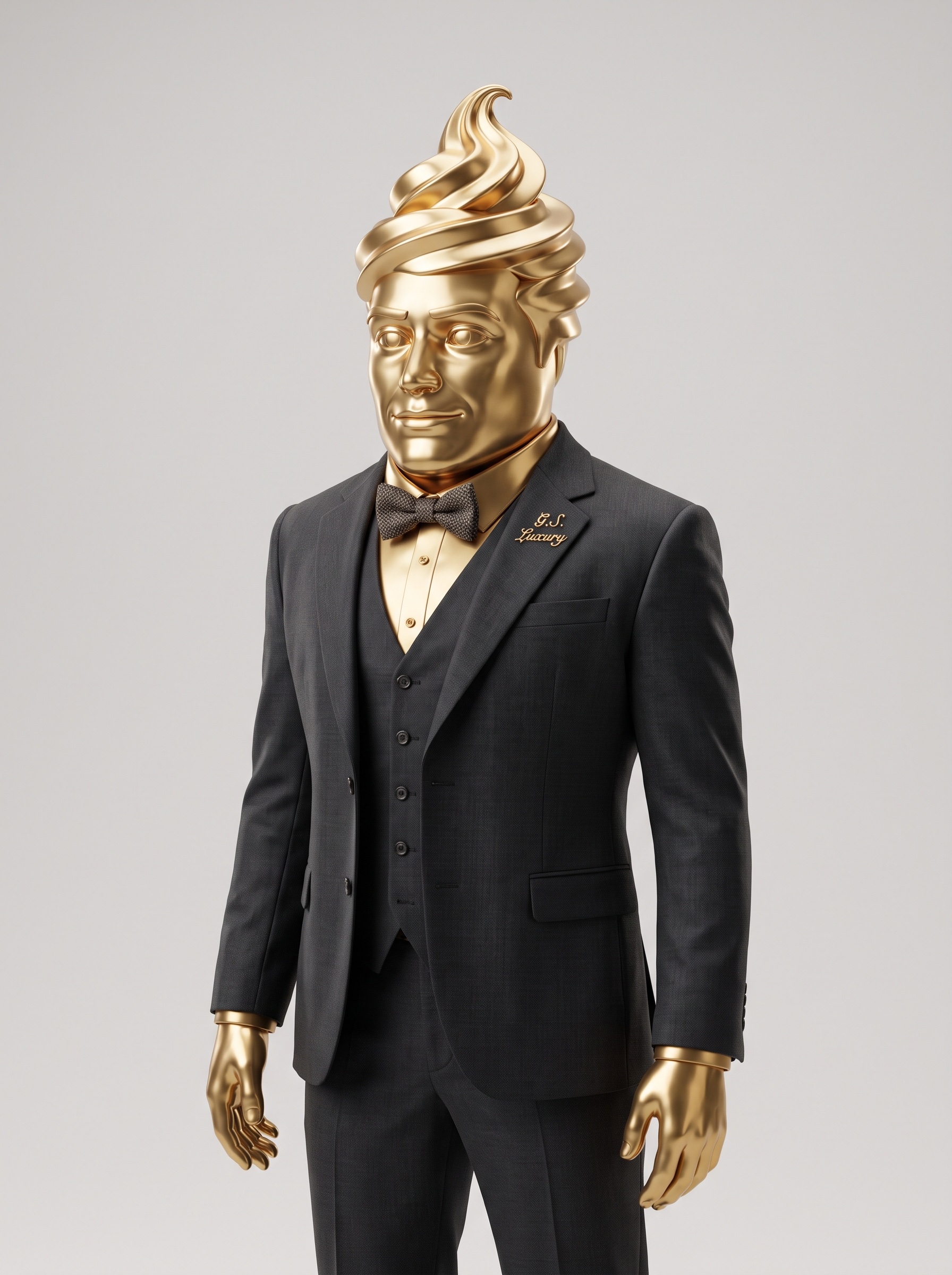 Monsieur Golden Turd, fondateur — un étron doré distingué en costume trois-pièces